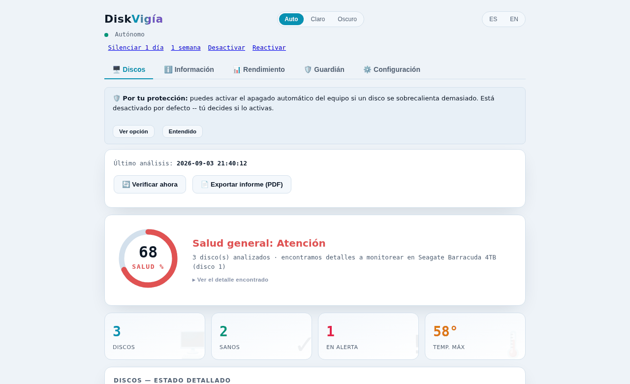 Cliente de escritorio DiskVigía: resumen de 3 discos con salud, temperatura máxima y aviso de protección